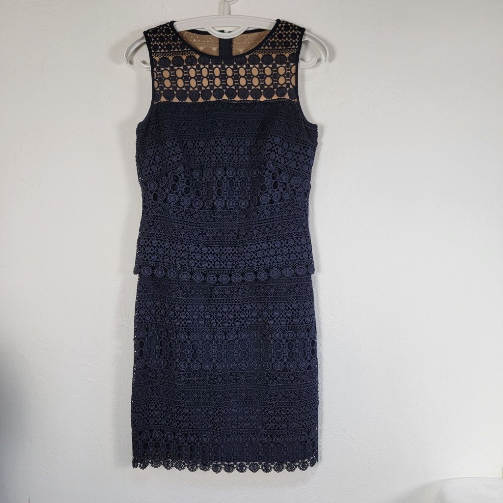 Lauren By Ralph Lauren Womens Sheer-Yoke Lace Shift Dress Size 4 Sleeveless Navy